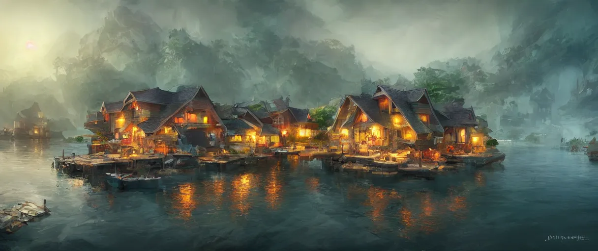 Image similar to fishing village crowded with houses around a lake, concept art, digital painting, style of jordan grimmer, warm lighting, futuristic, volumetric lighting, view from below, vivid colours, bright, daytime, godrays, high detail