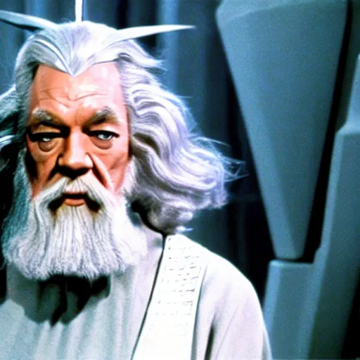 Image similar to A still of Gandalf as Captain Kirk on Star Trek