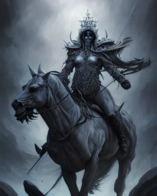 Image similar to concept art by artgerm, death of the four horsemen of the apocalypse, soft grey and blue natural light, intricate, queen of death riding, highly detailed dark art, digital painting, artstation, concept art, smooth, sharp focus, illustration, art by greg rutkowski and luis rollo and uang guangjian and gil elvgren, symmetry!