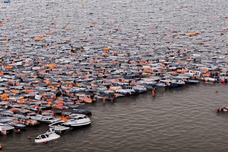 Image similar to views of people on boats on a catastrophic barcelona, buildings covered with high water, floating cars, sunset lighting, photo real