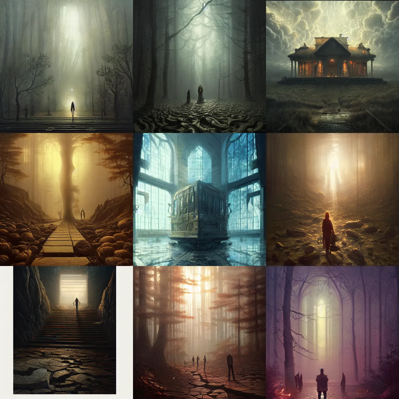 Prompt: detailed hyper-realistic consciousness self-discovery, beautiful dramatic moody lighting, cinematic atmosphere, by Greg Rutkowski, Alex Grey, Jacek Yerka, Dan Mumford