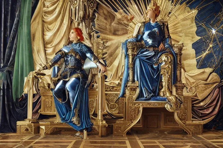 Prompt: beautifully painted mural of a cyborg king in ornate royal metallic fabric sitting in his royal throne room, piercing glowing eyes, sci fi scenery, fantasy setting, vogue cover poses, mural in the style of sandro botticelli, caravaggio, albrecth durer