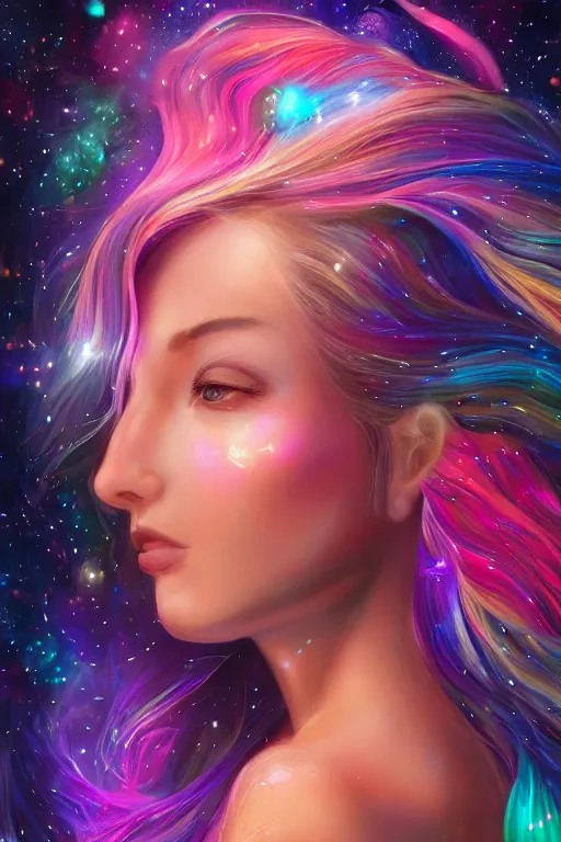 Prompt: one super realistic beautiful young womans face, magical, space stars and planets in her hair, windblown, intricate, synth-wave, retrowave, colorful, highly-detailed, elegant, dramatic lighting, gorgeous face, lifelike, photorealistic face, long luxurious intricate gown, digital painting, artstation, illustration, concept art, smooth, sharp focus, art by Jude Palencar, John Collier, artgerm, and Albert Aublet and Krenz Cushart and Artem Demura and Alphonse Mucha