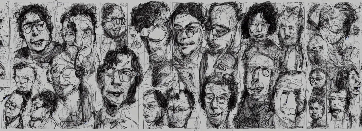 Prompt: character study of todd solondz tripping on lsd, clear faces, screenwriter, introvert, panic, emotional, character sheet, fine details, concept design, contrast, by gabriel hardman, joe alves, j. todd anderson, chris bonura, trending on artstation, 8 k, full body and head, turnaround, front view, back view, ultra wide angle
