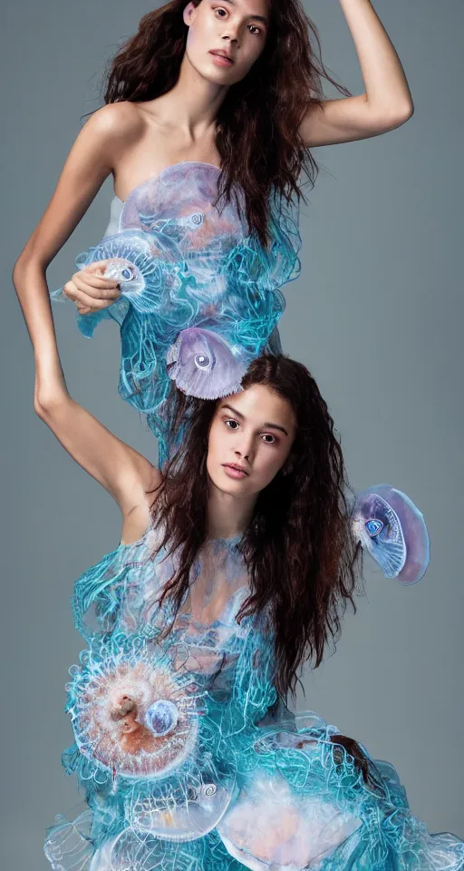 Image similar to Olivia Rodrigo wearing a jellyfish dress, Professional Model, Fashion Advertising Campaign