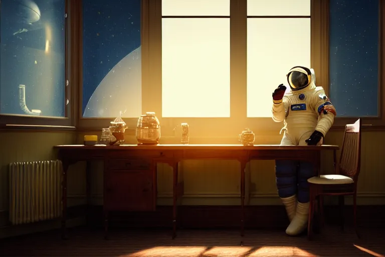 Image similar to a single cosmonaut in a spacesuit drinks a steaming cup of tea at an old wooden desk in a richly decorated Victorian house. the autumn light comes in through a window and dimly illuminates the room, diffuse light, octane render,