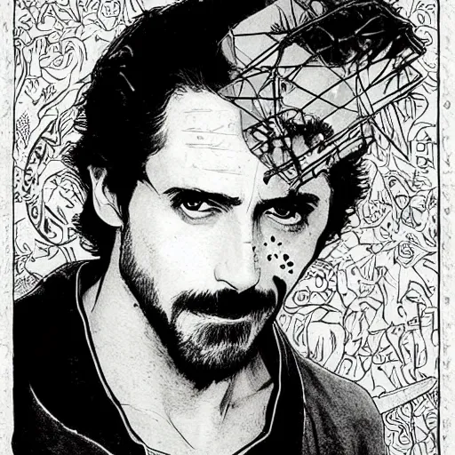 Image similar to pen and ink!!!! attractive 22 year old deus ex Frank Zappa x Ryan Gosling golden!!!! Vagabond!!!! floating magic swordsman!!!! glides through a beautiful battlefield magic the gathering dramatic esoteric!!!!!! pen and ink!!!!! illustrated in high detail!!!!!!!! by Hiroya Oku!!!!!!!!! Written by Wes Anderson graphic novel published on Cartoon Network MTG!!! 2049 award winning!!!! full body portrait!!!!! action exposition manga panel