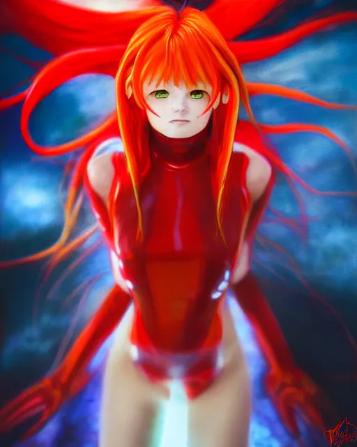 Image similar to asuka langley soryu wearing plugsuit, award winning photograph, radiant flares, realism, lens flare, intricate, various refining methods, micro macro autofocus, evil realm magic painting vibes, hyperrealistic painting by daniel dos santos