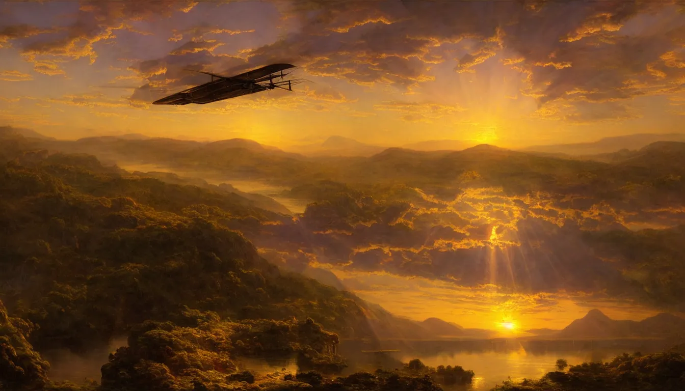 Image similar to a steam powered flying boat flies above a river valley at sunset, matte painting by frederic edwin church, golden hour, nature, fantasy art, trending on artstation, deviantart, behance, highly detailed, rule of thirds, crepuscular rays, steampunk
