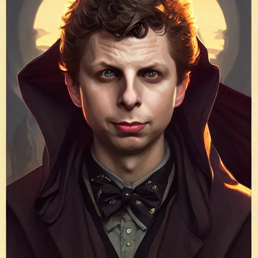 Image similar to handsome Michael Cera as Batman, western, D&D, fantasy, intricate, elegant, highly detailed, digital painting, artstation, concept art, matte, sharp focus, illustration, art by Artgerm and Greg Rutkowski and Alphonse Mucha