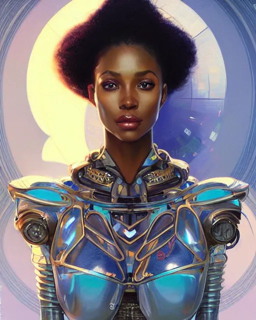 Image similar to Portrait of very very very very very very beautiful african woman, spacesuit, futuristic cybernetic helmet, blue eyes, real life skin, intricate, elegant, highly detailed, artstation, concept art, smooth, sharp focus, art by artgerm and greg rutkowski and alphonse mucha