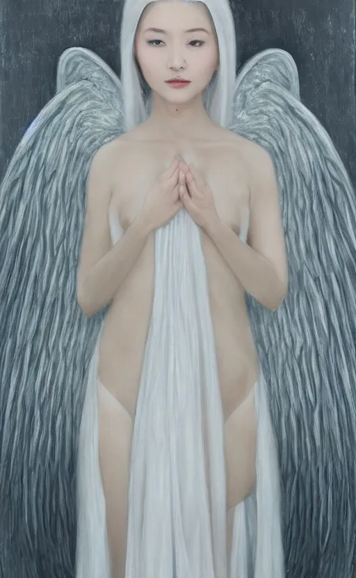 Image similar to angel with silver hair so pale and wan! and thin!?, flowing robes, covered in robes, lone pale asian goddess, wearing robes of silver, flowing, pale skin, young cute face, covered!!, clothed!! lucien levy - dhurmer, jean deville, oil on canvas, 4 k resolution, aesthetic!, mystery