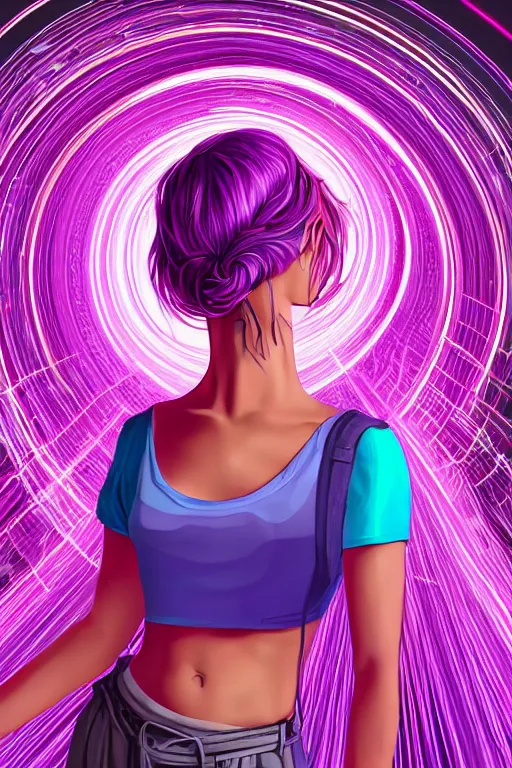 Image similar to a award winning half body portrait of a beautiful woman in a croptop and cargo pants with ombre purple pink teal hairstyle and hands in pockets by ari liloan, surrounded by whirling illuminated lines, outrun, vaporware, shaded flat illustration, digital art, trending on artstation, highly detailed, fine detail, intricate