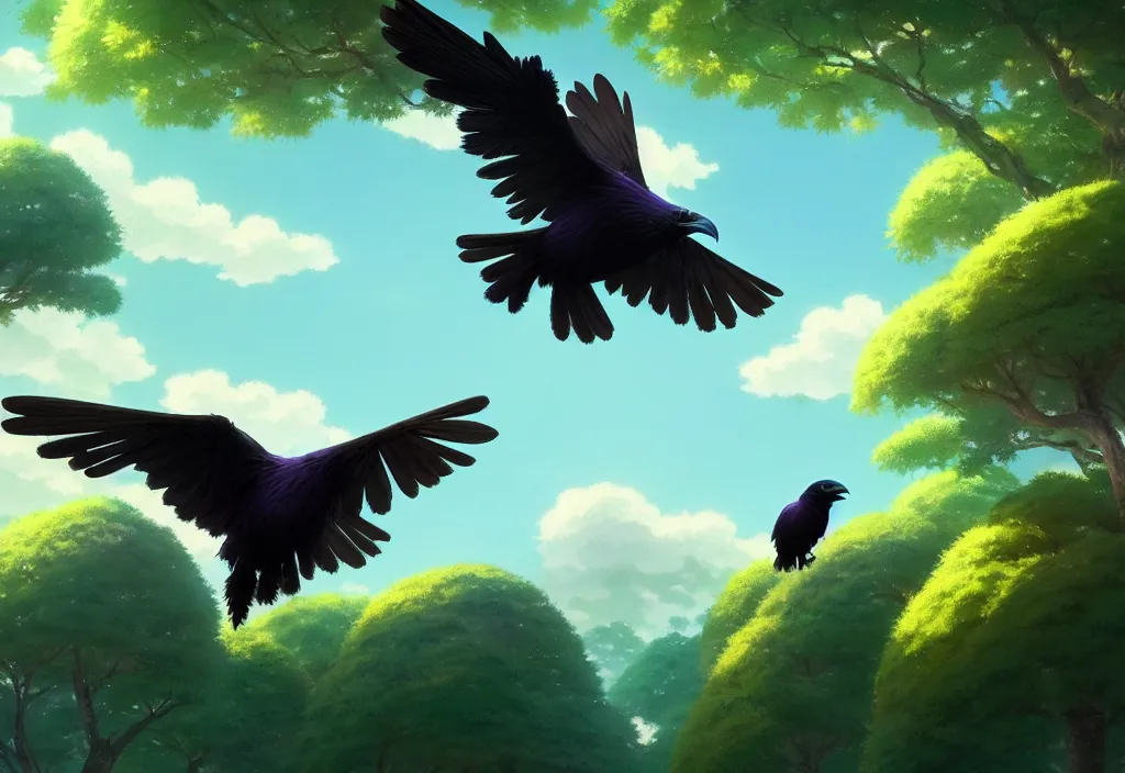 Image similar to a wholesome animation key shot of a cute stripe colored raven flying above the forest, studio ghibli, pixar and disney animation, sharp, rendered in unreal engine 5, anime key art by greg rutkowski, bloom, summer lighting