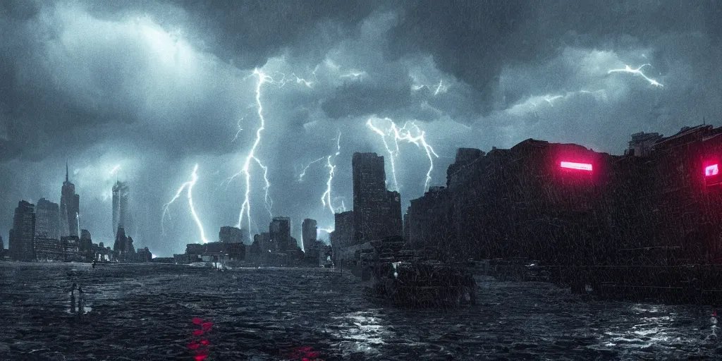 Prompt: An Eldritch monstrosity fighting the military in New York during a thunderstorm. highly detailed, trending on artstation, gritty, cinematic lighting, 8k