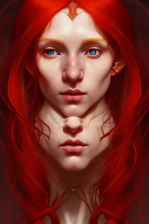 Prompt: portrait of a red - haired elf, golden ratio rule, highly detailed, digital painting, artstation, sharp focus, illustration, art by tan zi and ayanamikodon and alphonse mucha and wlop