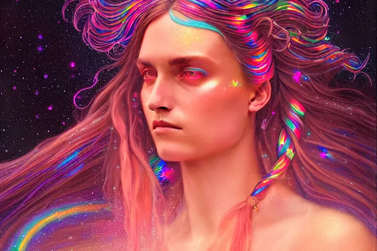 Prompt: patron saint of 🛸🌈👩🏾, long braids, flowing glitter gown, neon god of city character portrait, in the style of moebius, tom bagshaw, and waterhouse, cinematic lighting, beautiful, elegant, sharp focus, oil painting,