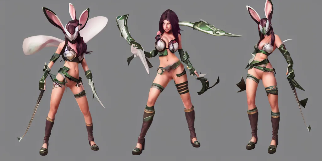 Image similar to character sheet of battle bunny akali (League of Legends). 3d render, octane render, iRay, ray tracing, realistic, highly detailed, trending on artstation, 4k, cgsociety, unreal engine 5, redshift render, blender cycles, behance, cg