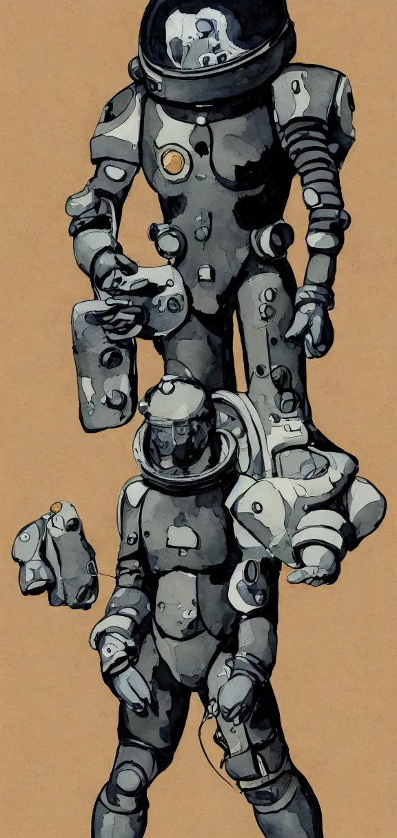 Image similar to male, full body, modern space suit, very stylized character design, large shoulders, short torso, long thin legs, tiny feet, character sheet, science fiction, hyperdetailed, technical suit, space marine, watercolor digital painting, by mike mignola, by alex maleev, jean giraud, painted by leyendecker