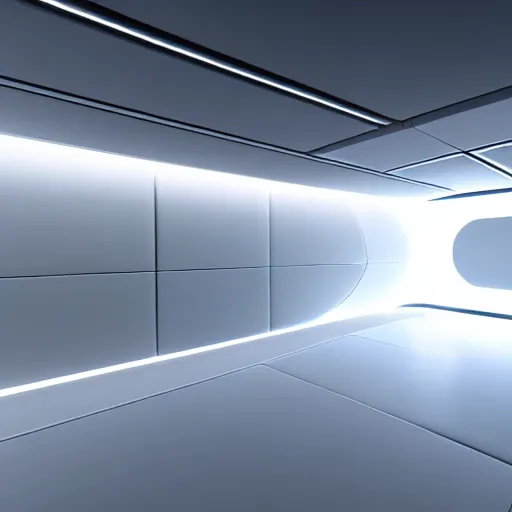 Image similar to a white room 1 2 ft long x 1 0 ft wide x 8 ft tall, geometrically perfect, clean and empty, sci fi spaceship futuristic paneling unreal engine, general studio lighting, 8 k,