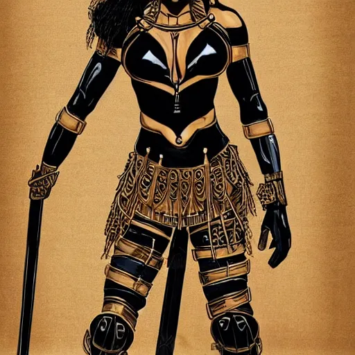 Prompt: a beautiful warrior woman with tan skin and dark hair wearing black catsuit covered by modern plates of body armour, she is holding a long staff, intricate, elegant, highly detailed, detailed face, smooth, sharp focus, high contrast, graphic novel, art by michael choi,