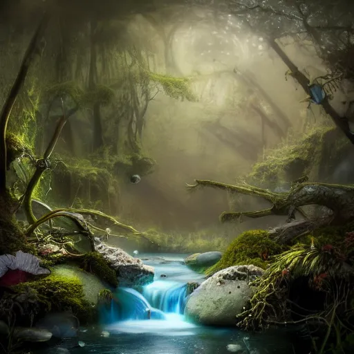 Prompt: tom bagshaw, mythical water, soft painting render curiosities carnival pond river vegetation rocks bugs wildlife mushrooms covered moss bioluminescent wisps, beautiful stunning waterfall, accurate features, focus, very intricate ultrafine details, random volumetric lighting, fog, award winning masterpiece, octane render 8 k hd, artstation