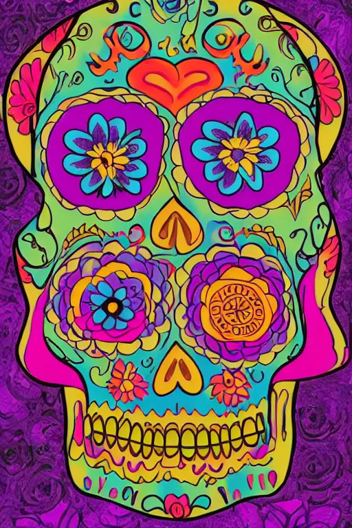 Image similar to illustration of a sugar skull day of the dead girl, art by meow wolf