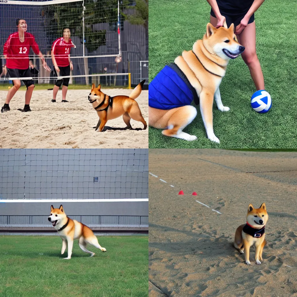 Prompt: shiba inus playing volleyball