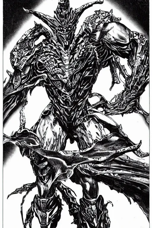 Prompt: the guyver from bio - booster armor guyver 強 殖 装 甲 カイハ as a d & d monster, pen - and - ink illustration, etching, by russ nicholson, david a trampier, larry elmore, 1 9 8 1, hq scan, intricate details, high contrast