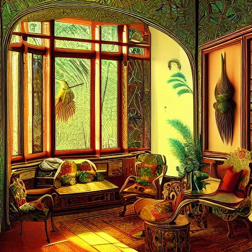 Prompt: room interior with furniture, art forms in nature, inspired by ernst haeckel, morning light, intricate high details, sharp, ultradetailed