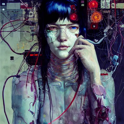 Image similar to young woman cyberpunk having her dreams stolen, wires cybernetic implants, in the style of adrian ghenie, esao andrews, jenny saville,, surrealism, dark art by james jean, takato yamamoto