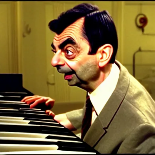 Prompt: mr. bean playing a synthesizer. movie still. cinematic lighting.