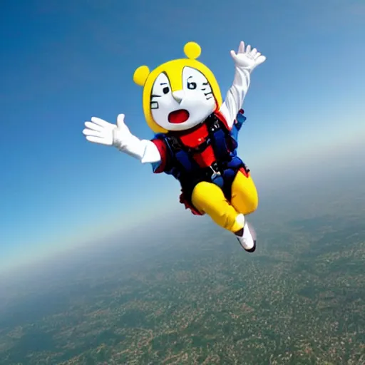 Image similar to photo of super fat doraemon skydiving while waving at the camera