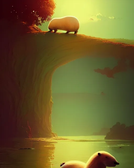 Image similar to white capybara relaxing, surreal photography, synth dramatic light, impressionist painting, colorful clouds, digital painting, artstation, kilian eng, john harris, bastien lecouffe - deharme, simon stalenhag, flower face