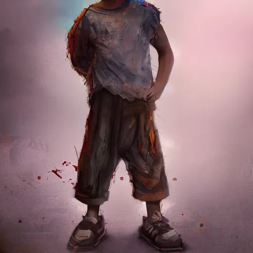 Image similar to detailed half body digital art for a game of a beautiful child wearing ragged, heavy and ruined clothes. the background is dark. dramatic camera angle