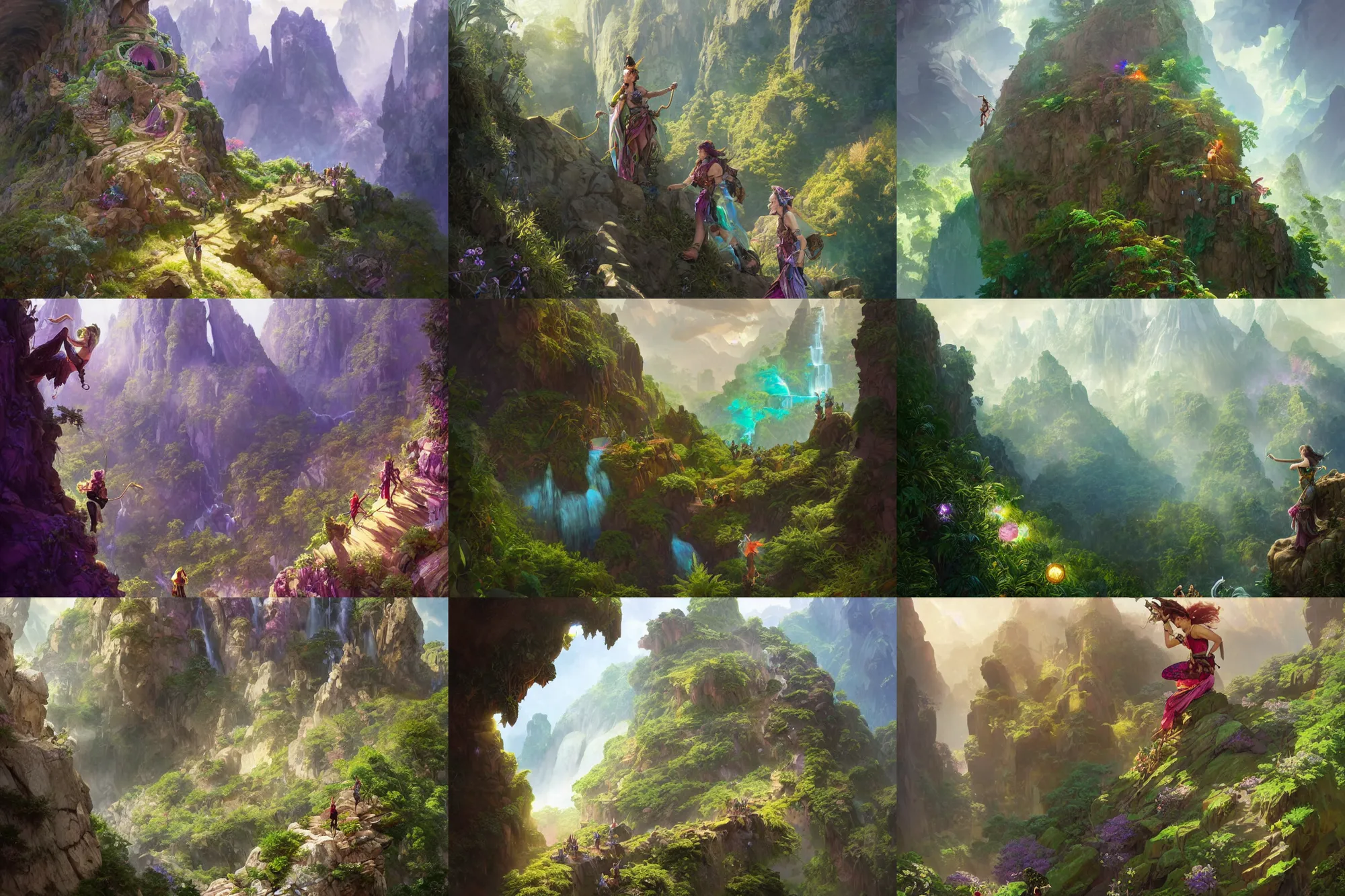 Prompt: adventurers climbing a mountain made of rainbow gemstones and crystal and glass, verdant and lush and overgrown, fantasy, intricate, elegant, highly detailed, digital painting, artstation, concept art, matte, sharp focus, illustration, hearthstone, art by artgerm and greg rutkowski and alphonse mucha