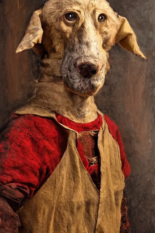 Image similar to slavic dog head man, woolen torso in medieval clothes, builds wooden house, oil painting,, concept art, hyperrealism, beautiful, high resolution, trending on artstation,