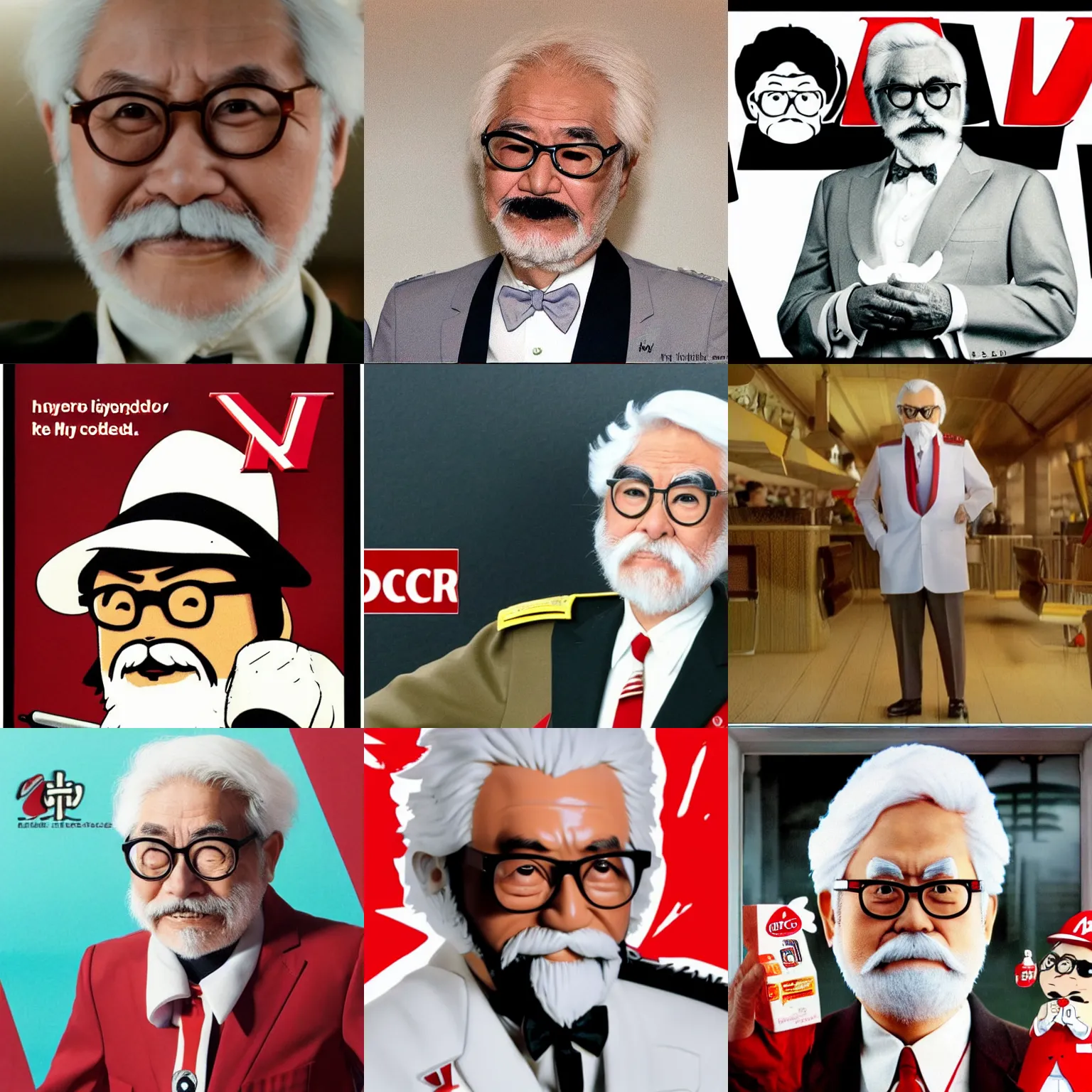 Prompt: hayao miyazaki as colonel sanders in a kfc ad, advertising, detailed