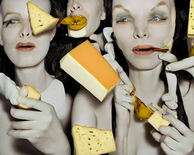 Image similar to incredible strange absurd closeup artwork of androids tasting cheese, finding it very weird but yet oddly tasteful at the same time, weird tasting ritual of cheese products in the style of tim walker fashion photography, also containing some soft cheese