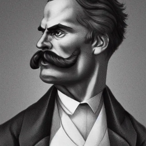 Image similar to the ultimate gigachad, incredibly muscular Friedrich Nietzsche, Friedrich Nietzsche with chiseled jawline, character art, trending on artstation