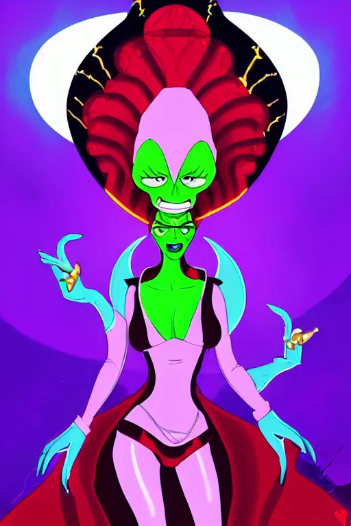 Image similar to lady gaga as queen toxique, an alien supervillainess with mutagenic powers, glowing energy effects, full color digital painting in the style of don bluth, jamie hewlett, artgerm, artstation trending, 8 0 s vibes