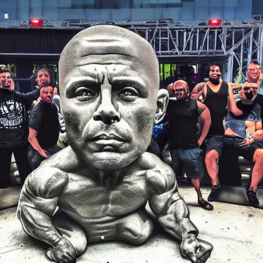 Image similar to group of human men worshipping giant statue of joe rogan in real life, 8 k, 4 k uhd, realistic, hyper realistic, super detailed, very detailed, detailed