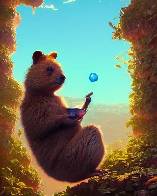 Image similar to highly detailed surreal vfx portrait of a joyful quokka, stephen bliss, unreal engine, greg rutkowski, loish, rhads, beeple, makoto shinkai and lois van baarle, ilya kuvshinov, rossdraws, tom bagshaw, alphonse mucha, global illumination, detailed and intricate environment