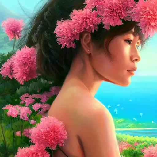 Prompt: A detailed and intricately painted scene of a girl looking at a beautiful Hawaiian landscape of flowers and clear blue waters, featured on ArtStation, trending on ArtStation, cgsociety, trending on 500px, deviantart