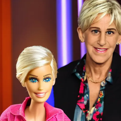 Image similar to barbie jeffrey epstein guest appearance on the elen degeneres show, plastic mannequins with cone shaped heads in the crowd, highly detailed facial expressions