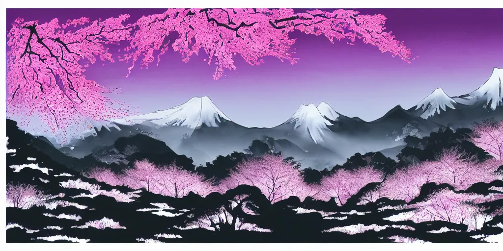 Image similar to japanese ink painting of a blooming cherry blossom forest with mountains in the background, white, pink, purple, black, highly detailed, vivid colors, cinematic lighting, 8 k, trending on artstation