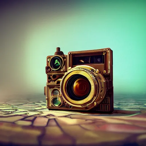 Image similar to cardboard camera, steampunk, extreme closeup, center frame, symmetric, rim light, bioluminescence, electric, soft, concept art, intricate details, highly detailed, colorful, photorealistic, disney pixar, octane render, iridescent, anime, 8 k