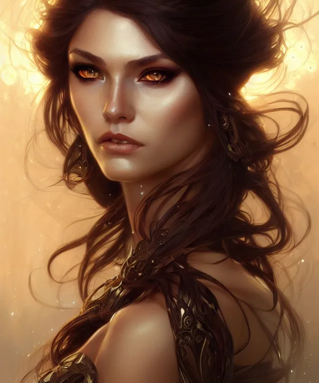 Image similar to fantasy magic woman portrait, sci-fi, amber eyes, face, long hair, fantasy, intricate, elegant, highly detailed, digital painting, artstation, concept art, smooth, sharp focus, illustration, art by artgerm and greg rutkowski and alphonse mucha