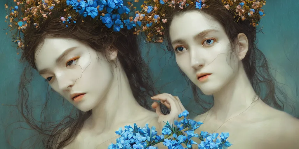 Image similar to breathtaking detailed concept art painting portrait of goddess of nemophila flowers, orthodox saint, with anxious piercing eyes, ornate background, amalgamation of leaves and flowers, by hsiao - ron cheng, extremely moody lighting, 8 k