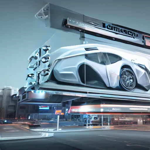 Image similar to sci-fi wall structure logotype and car on the coronation of napoleon painting and digital billboard in the middle, unreal engine 5, keyshot, octane, artstation trending, ultra high detail, ultra realistic, cinematic, 8k, 16k, in style of zaha hadid, in plastic, dark, tilt shift,